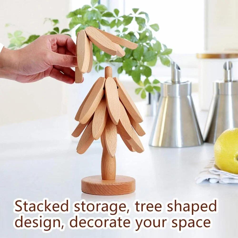 Foldable Heat Resistant Pads Kitchen Table Wooden Tree Shape Trivets Gift Sets(A